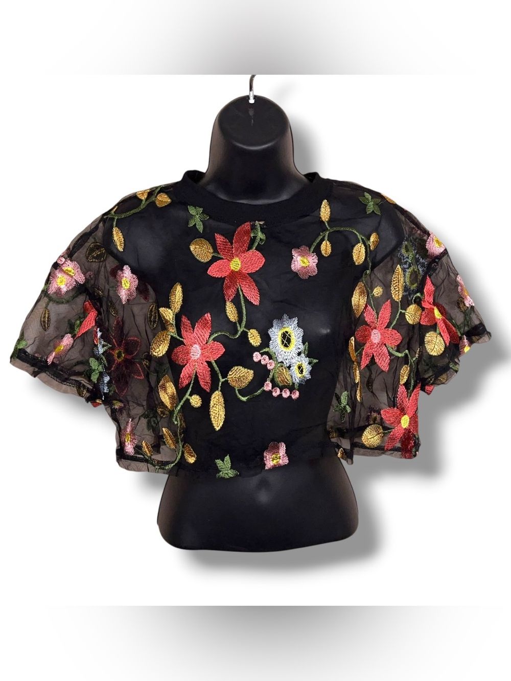 Black Colorful Floral Print Embroidered Crop Top Us Size 6 Sheer